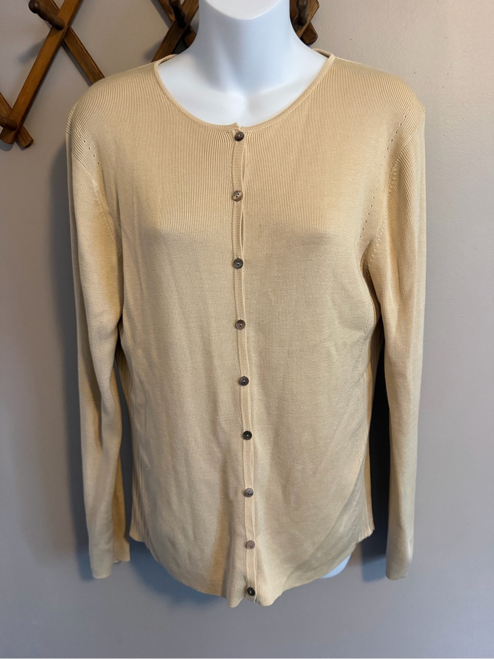 Ann Taylor 100% Silk Knit Button Front Cardigan Golden Beige L